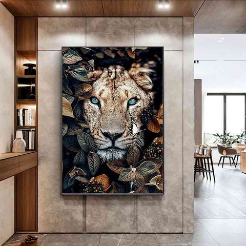 lion and lioness wall art - lion head painting - a lioness ready to pounce