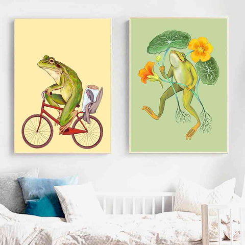 tableau grenouille - tableau animal - une grenouille sur un vélo